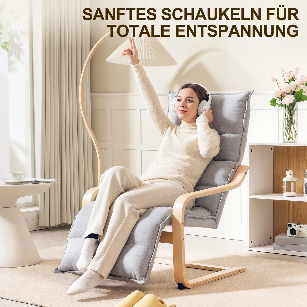 HOMCOM Πολυθρόνα Lounge από ξύλο σημύδας, Πολυθρόνα με ρυθμιζόμενο υποπόδιο, Μοντέρνα πολυθρόνα με μπράτσα, Ανοιχτό γκρι