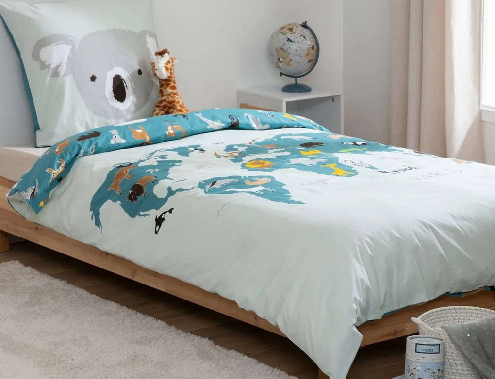 Σετ Μονή Παπλωματοθήκη &amp; Μαξιλαροθήκη World Map Atmosphera 2 όψεων, από βαμβάκι 57TC, με διαστάσεις 140x200cm