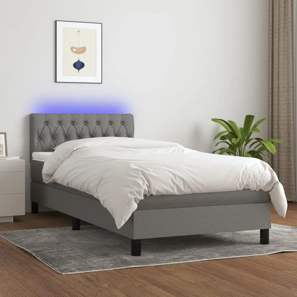 Κρεβάτι Boxspring με Στρώμα & LED Σκ.Γκρι 90x200 εκ. Υφασμάτινο