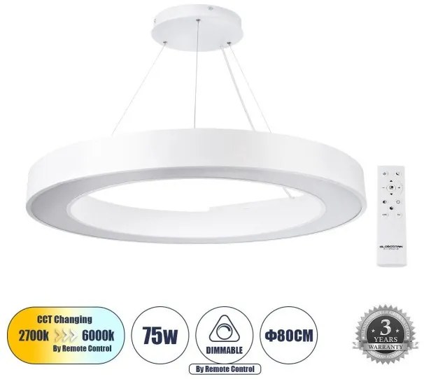 Κρεμαστό Φωτιστικό Δαχτυλίδι CCT 75W Φ80cm Αλουμίνιο Globostar-61197-Λευκό 61197