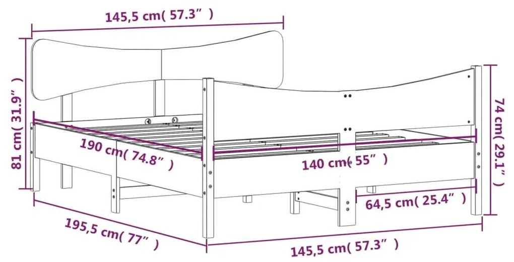 Σκελετός Κρεβατιού Χωρίς Στρώμα 140x190 εκ Μασίφ Ξύλο Πεύκου - Καφέ