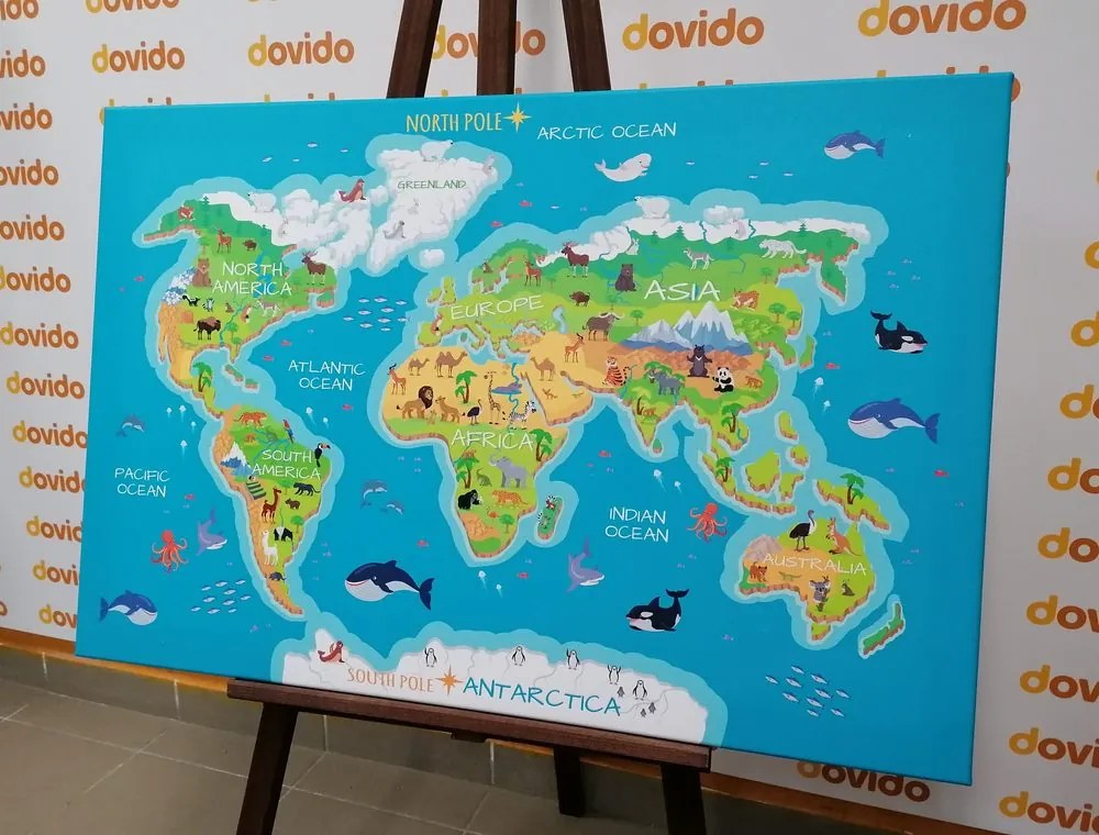 Εικόνα στο φελλό γεωγραφικός χάρτης του κόσμου για παιδιά - 90x60  wooden