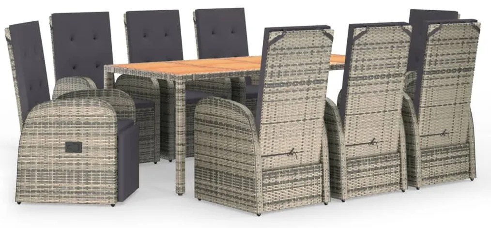 vidaXL Σετ Τραπεζαρίας Κήπου 9 τεμ. Γκρι Συνθ. Ρατάν με Μαξιλάρια