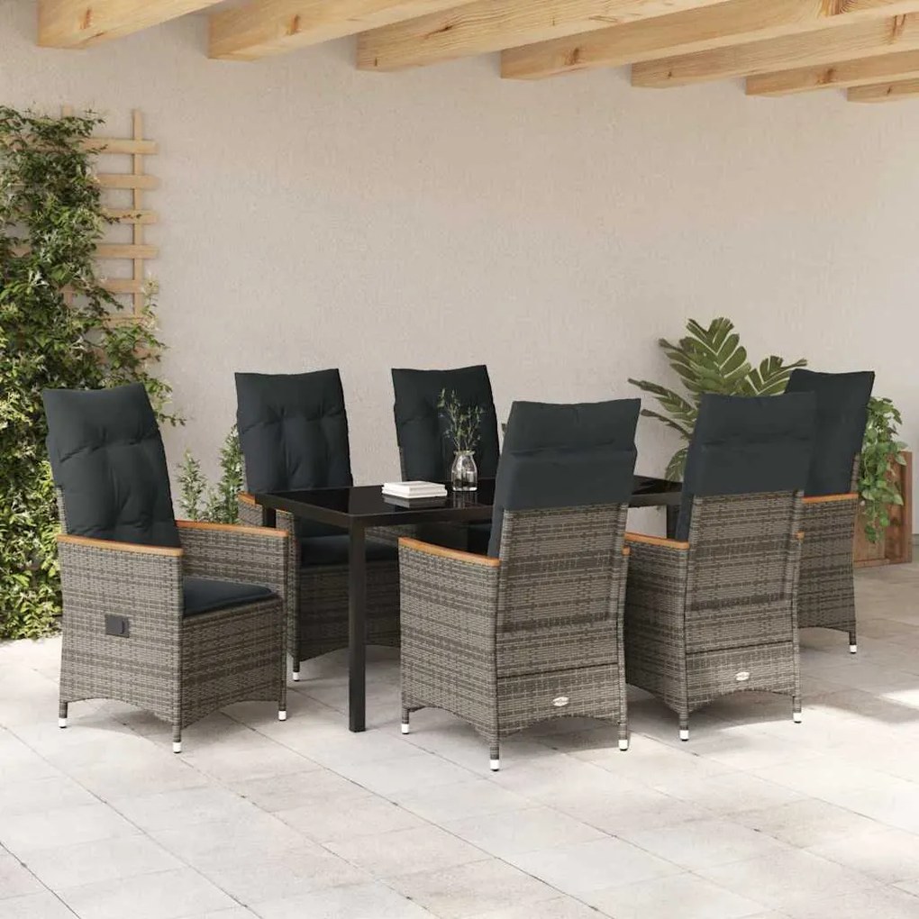vidaXL Σέτ φαγητού για κήπο με μαξιλάρι 7 pcs Γκρι Πολυ ράταν