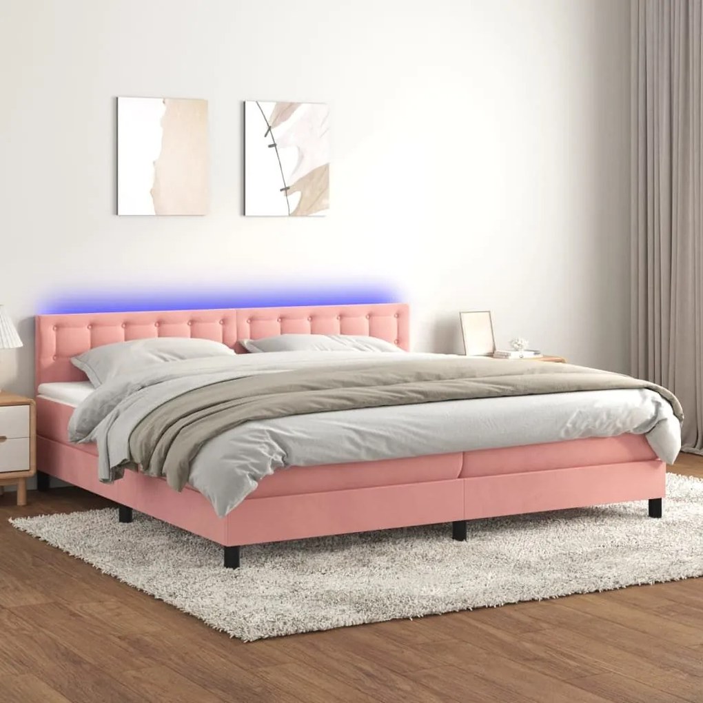 Κρεβάτι Boxspring με Στρώμα &amp; LED Ροζ 200x200 εκ. Βελούδινο - Ροζ