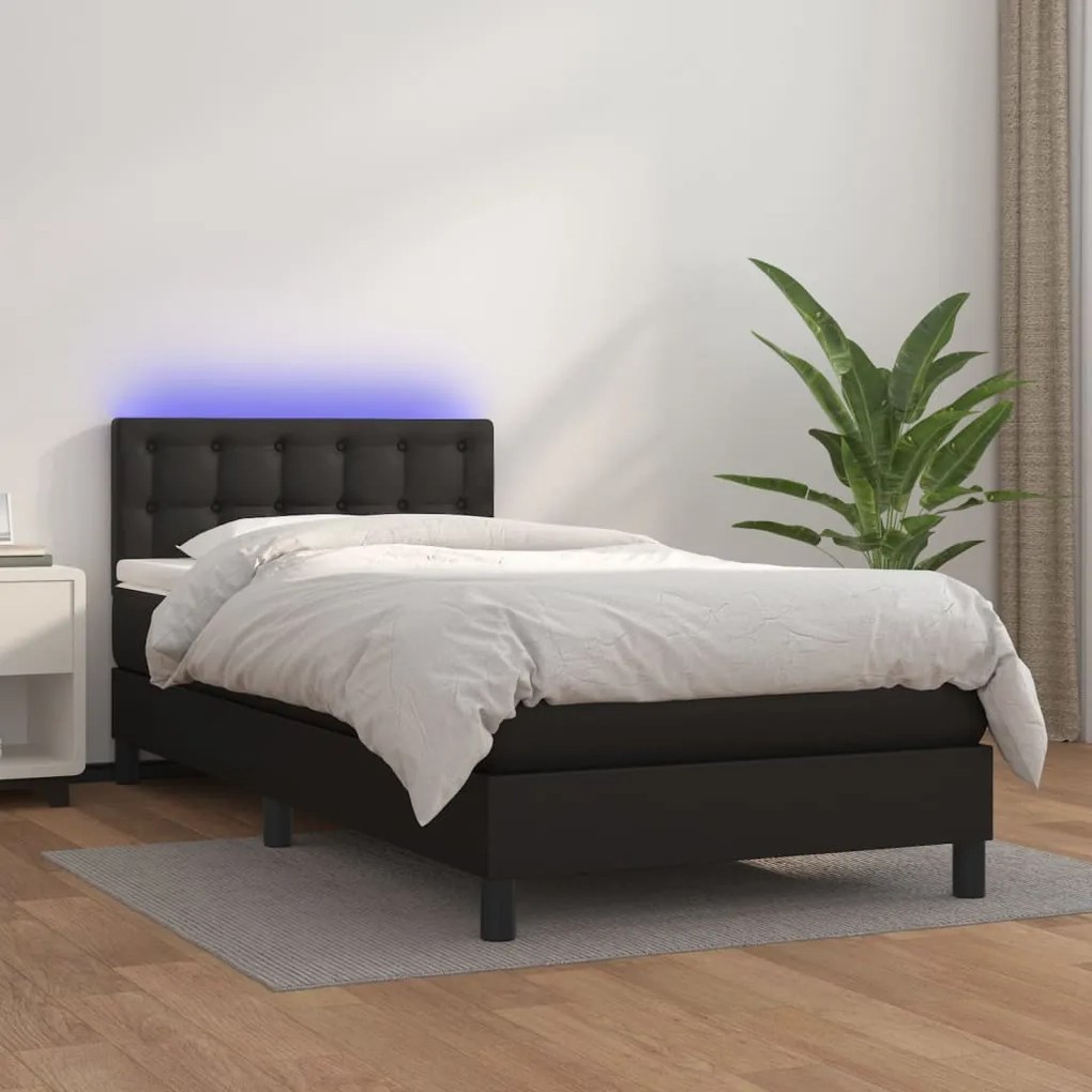 Κρεβάτι Boxspring με Στρώμα &amp; LED Μαύρο 90x190 εκ. Συνθ. Δέρμα - Μαύρο