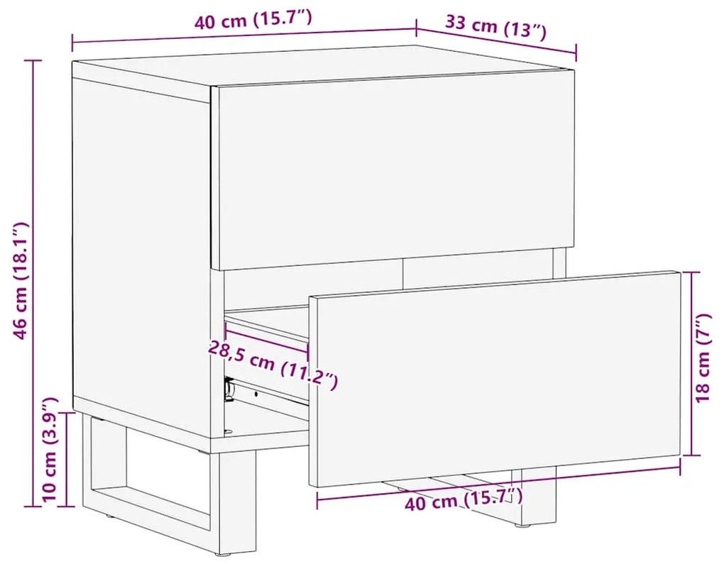 Κομοδίνα 2 τεμ. Μαύρα 40 x 33 x 46 εκ. από Μασίφ Ξύλο Μάνγκο - Μαύρο