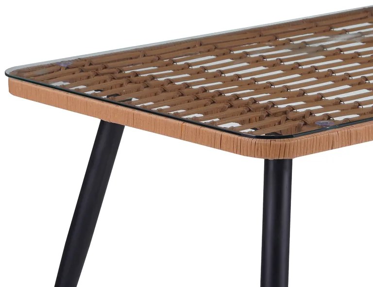 Τραπέζι Naoki pakoworld γυάλινο- pe rattan σε φυσική απόχρωση με μαυρα πόδια 140x80x78εκ