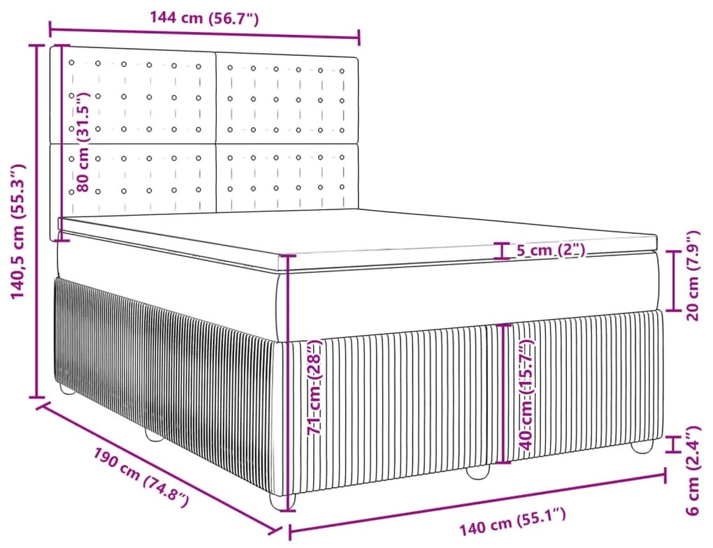 Κρεβάτι Boxspring με Στρώμα Σκούρο Γκρι 140x190 εκ. Βελούδινο - Γκρι