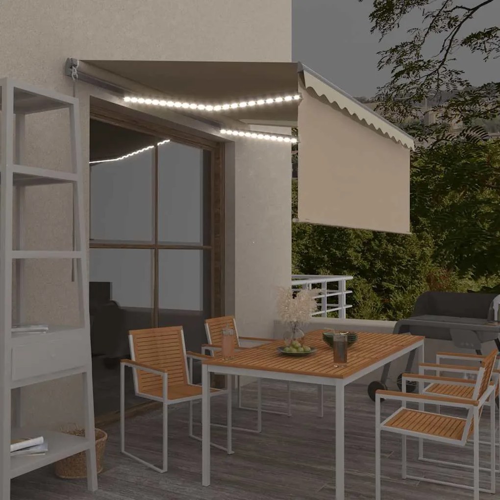 vidaXL Τέντα Συρόμενη Χειροκίνητη με Σκίαστρο &amp; LED Κρεμ 3,5 x 2,5 μ.