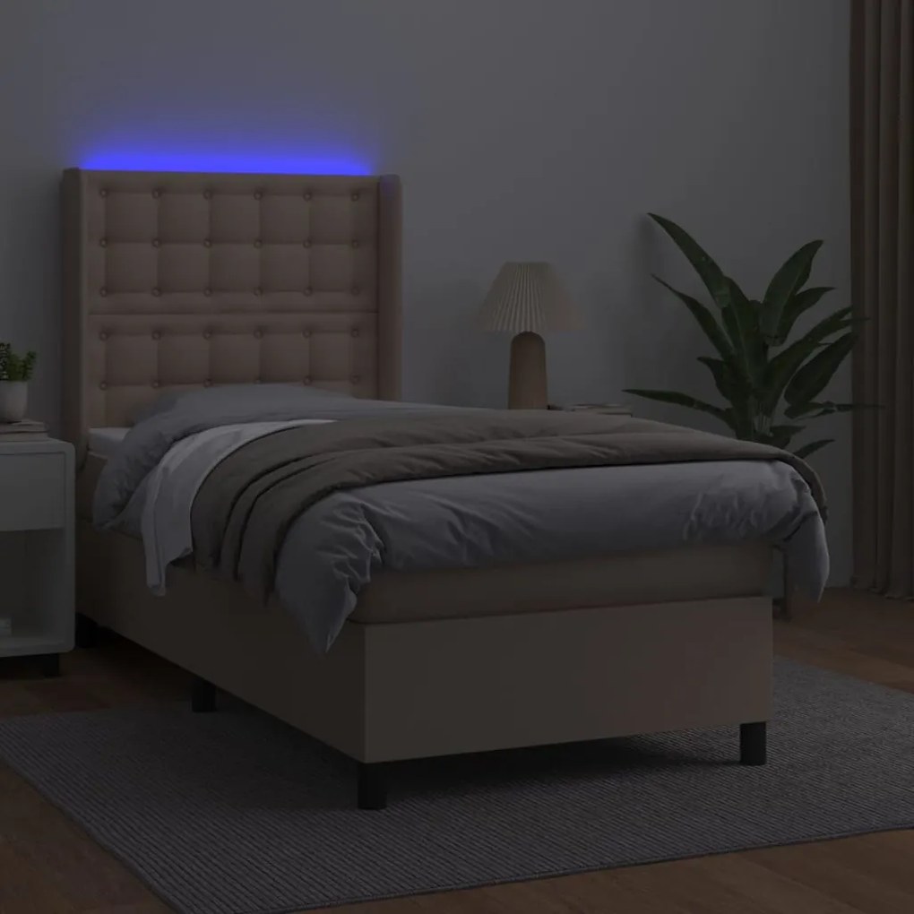 vidaXL Κρεβάτι Boxspring Στρώμα&amp;LED Καπουτσίνο 90x190 εκ. Συνθ. Δέρμα