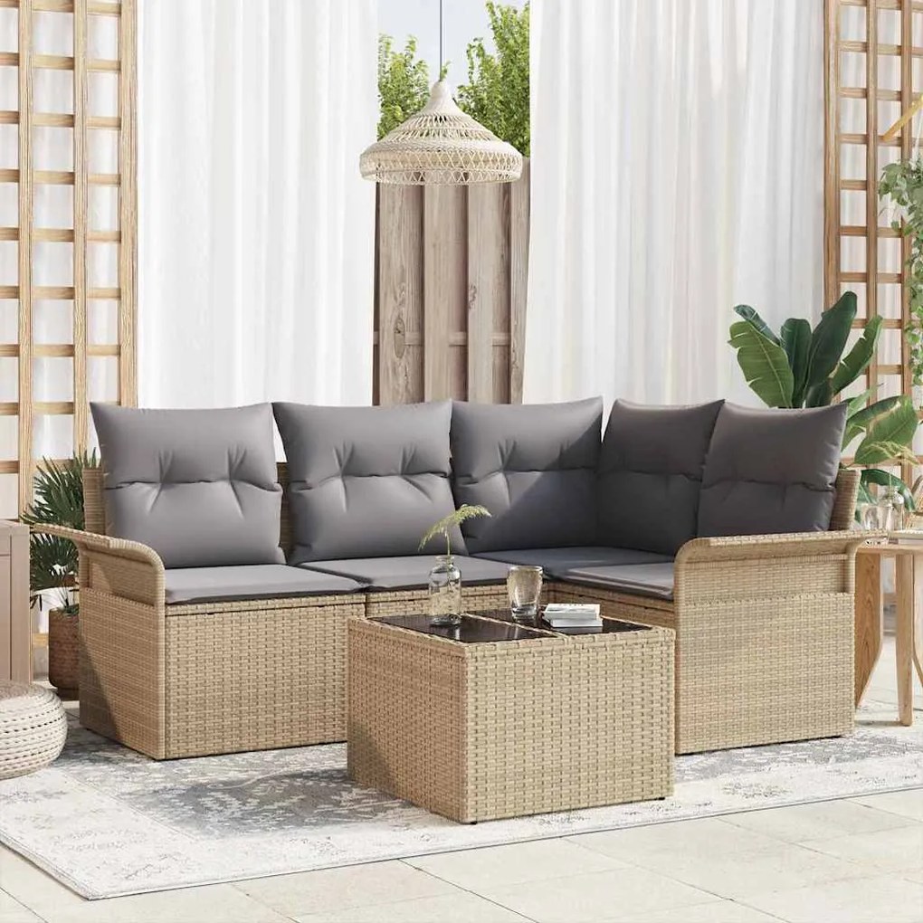 vidaXL Σετ Καναπέ Κήπου με μαξιλάρι 5 pcs Μπεζ Πολυ ράταν