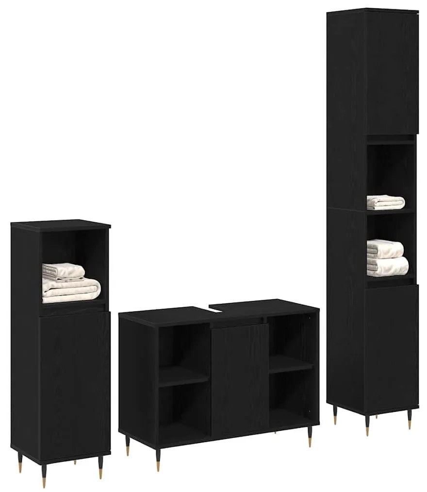 vidaXL Σετ Επίπλων Μπάνιου με ράφι 3 pcs Μαύρη Οξυά Επεξεργασμένο ξύλο