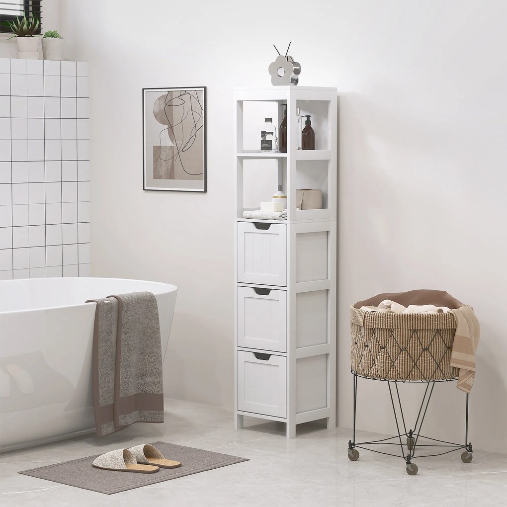 HOMCOM Ντουλάπι μπάνιου, 2 ράφια, 3 συρτάρια, αδιάβροχο υλικό, λευκό