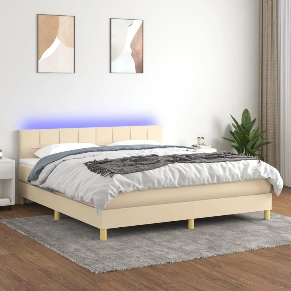 Κρεβάτι Boxspring με Στρώμα &amp; LED Κρεμ 160x200 εκ. Υφασμάτινο - Κρεμ