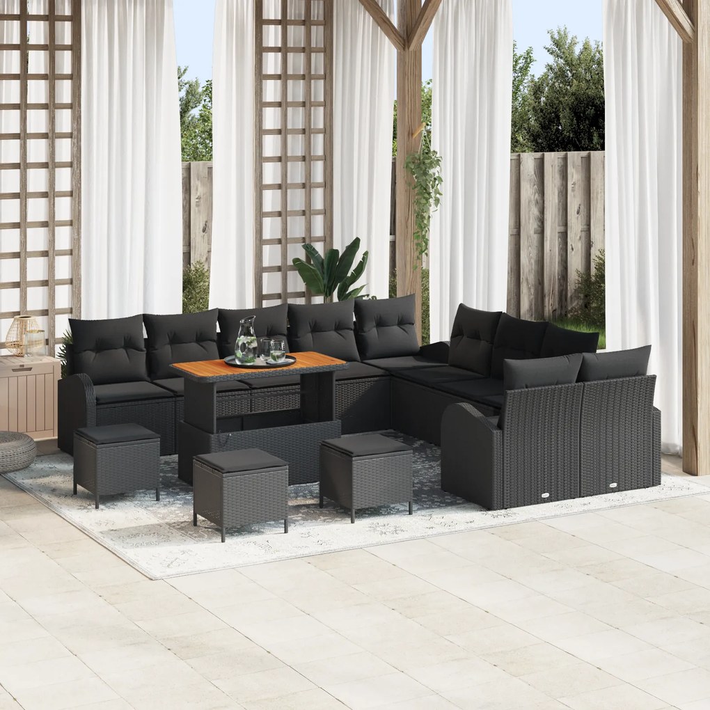 vidaXL Set Καναπέ Κήπου  14 Τεμαχίων με Μάξιλα Μαύρο Συνθετικό Ρατάν Ακακία