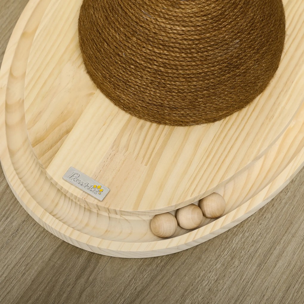 PawHut Διαδραστικό Παιχνίδι Γάτας, Επιφάνεια Ξυσίματος, Οβάλ Κανάλι Μπάλας, Ξύλο Πεύκου, 39,5 x 32,5 x 14,5 cm