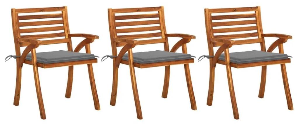 Καρέκλες Τραπεζαρίας Κήπου 3 τεμ Μασίφ Ξύλο Ακακίας + Μαξιλάρια - Γκρι