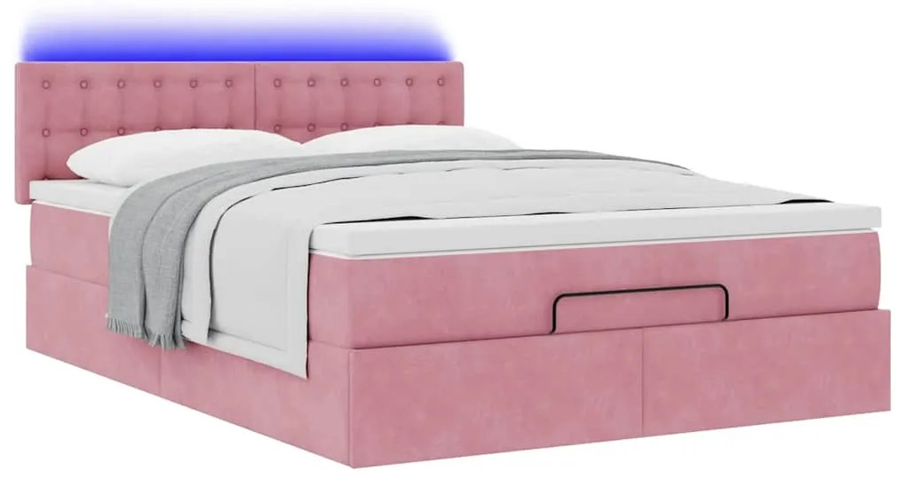 vidaXL Οθωμανικό κρεβάτι με στρώμα & LEDs Ροζ 140x200cm Βελούδο