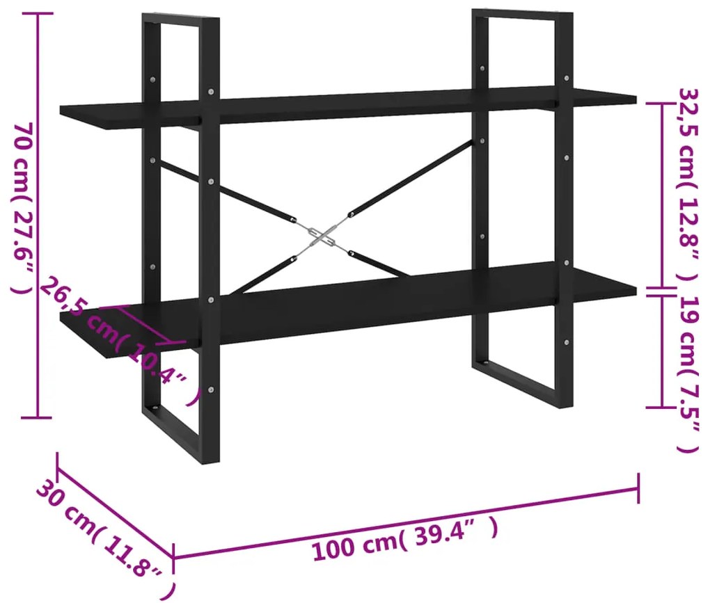 vidaXL Βιβλιοθήκη με 2 Ράφια Μαύρη 100 x 30 x 70 εκ. από Επεξ. Ξύλο