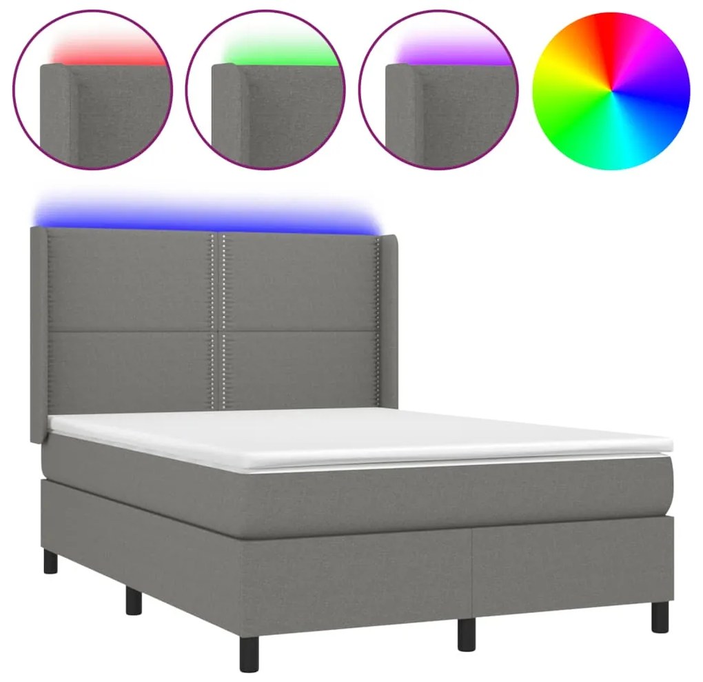 vidaXL Κρεβάτι Boxspring με Στρώμα & LED Σκ.Γκρι 140x200 εκ Υφασμάτινο