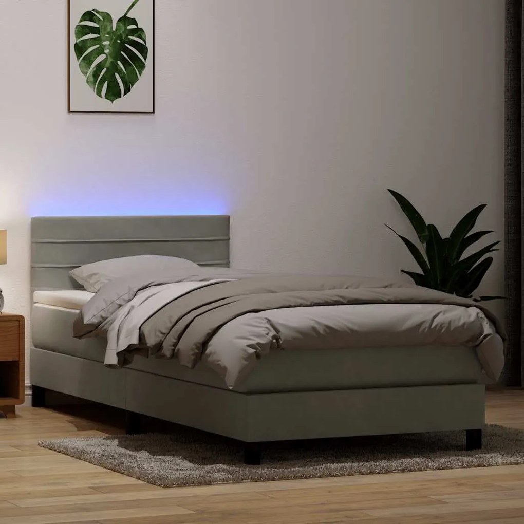 Κρεβάτι Boxspring με Στρώμα & LED ανοιχτό γκρι 90x210 cm Βελούδινο