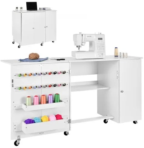 VEVOR Folding Sewing Table, Multipurpose Sewing Machine Table with Cabinet, Compact Design, Wheels, Wooden Pegs, Storage Trays and Shelf, Magnetic Door, Craft Station and Side Desk for Home, White