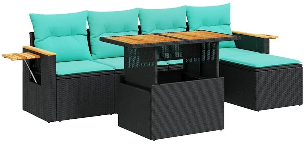 vidaXL Καναπές Κήπου 6 Τεμαχίων Μαύρο Συνθετικό Ρατάν Μαξιλάρια Ακακία