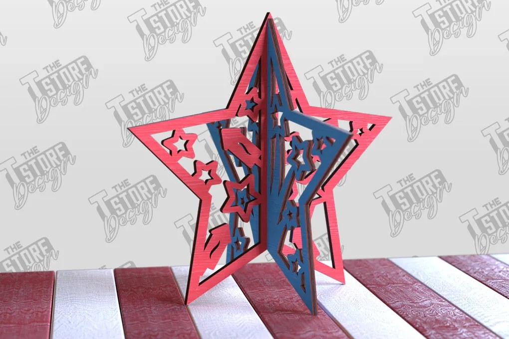 Σετ των 2 Intra απο ξύλο plywood 3mm-4mm πάχος 3D Patriotic Stars | Διακοσμητικά αστέρια Δίασταση 15x15 cm INTRAFABR-97756722