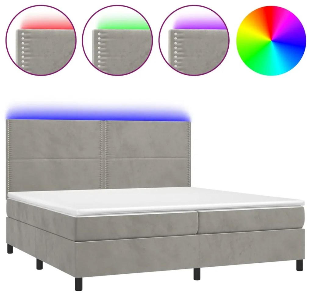 vidaXL Κρεβάτι Boxspring με Στρώμα & LED Αν.Γκρι 200x200 εκ. Βελούδινο