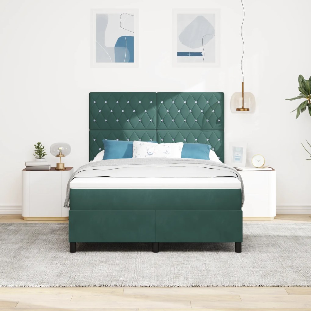 vidaXL Κρεβάτι Box Spring με Ματράκι Σκούρο Πράσινο 140x200 εκ Βελούδο