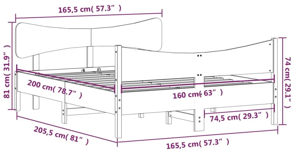 Σκελετός Κρεβατιού Χωρίς Στρώμα 160x200 εκ Μασίφ Ξύλο Πεύκου - Καφέ