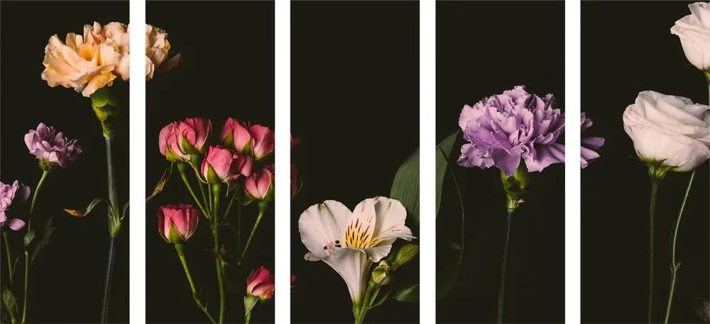 Εικόνα 5 μερών κομψά λουλούδια σε σκούρο φόντο - 100x50
