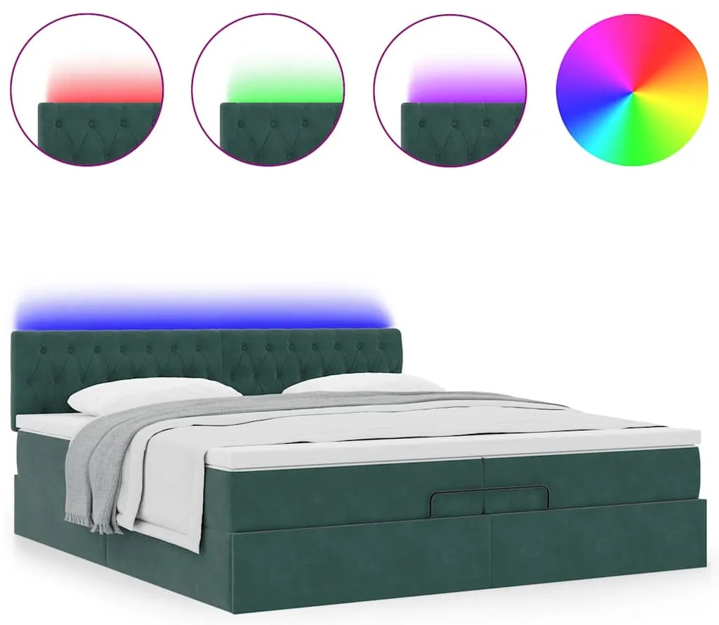 vidaXL Οθωμανικό κρεβάτι με στρώματα & LEDs Σκούρο πράσινο Βελούδο
