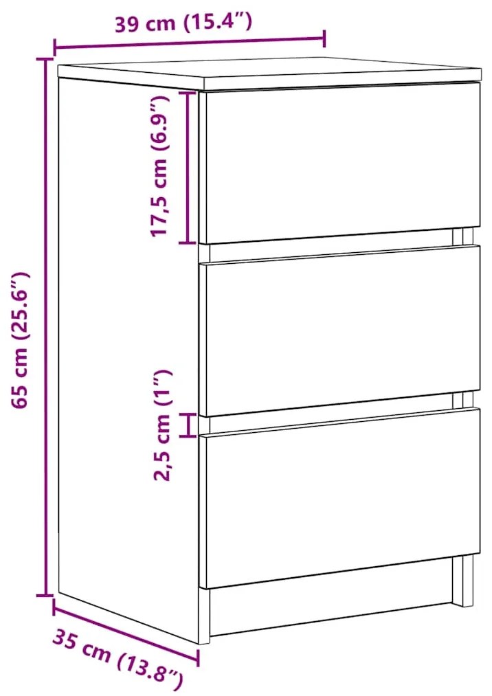 Κομοδίνο με 3 συρτάρια Καπνιστή δρυς 39x35x65 εκ. 861345