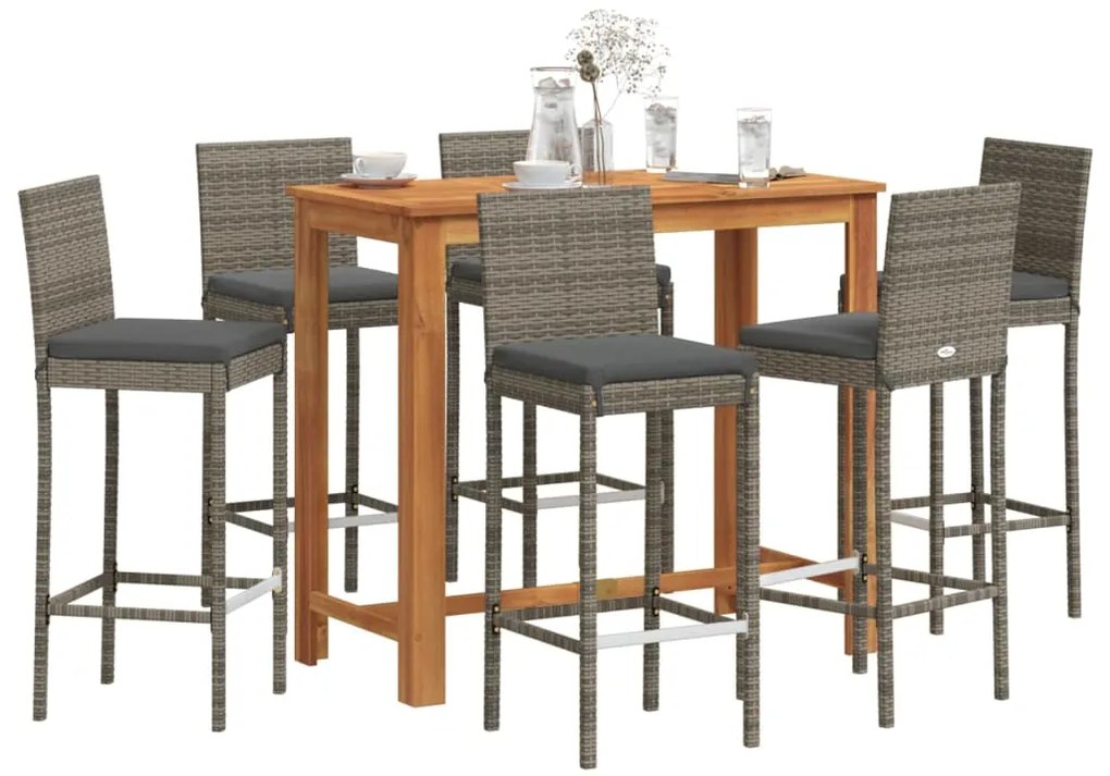 vidaXL Σετ Μπαρ Κήπου 7 Τεμ. Γκρι Μασίφ Ξύλο Ακακίας και Συνθ. Ρατάν