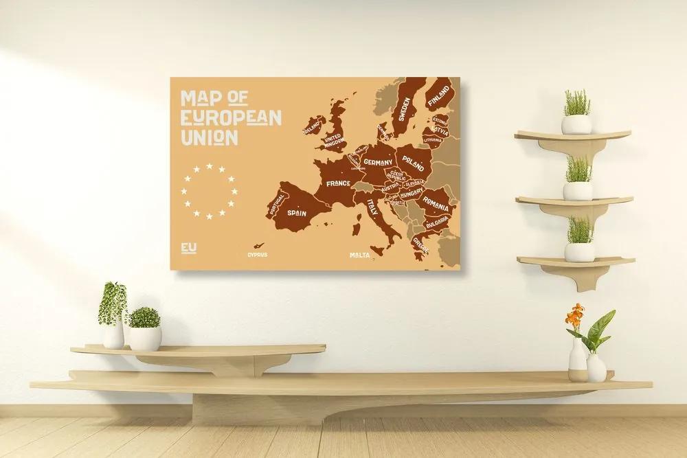 Εικόνα εκπαιδευτικού χάρτη με ονόματα χωρών της ΕΕ σε αποχρώσεις του καφέ - 60x40