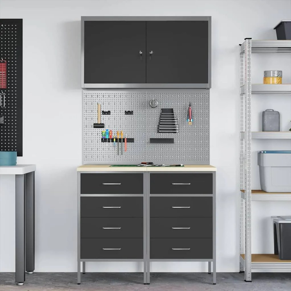 vidaXL Πάγκος εργασίας με συρτάρι 5 pcs Μαύρο 100 x 55 x 200 εκ Ατσάλι