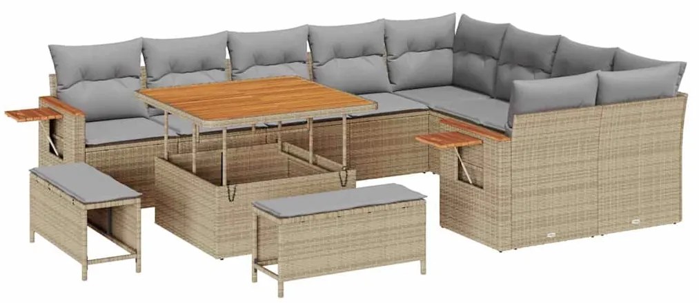 vidaXL Σετ Καναπέ Κήπου με μαξιλάρι με αποθήκευση Μπεζ Πολυ ράταν