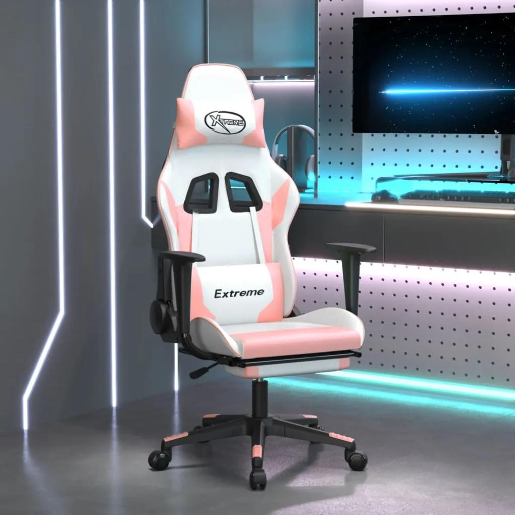 Καρέκλα Gaming Μασάζ Υποπόδιο Λευκό &amp; Ροζ από Συνθετικό Δέρμα