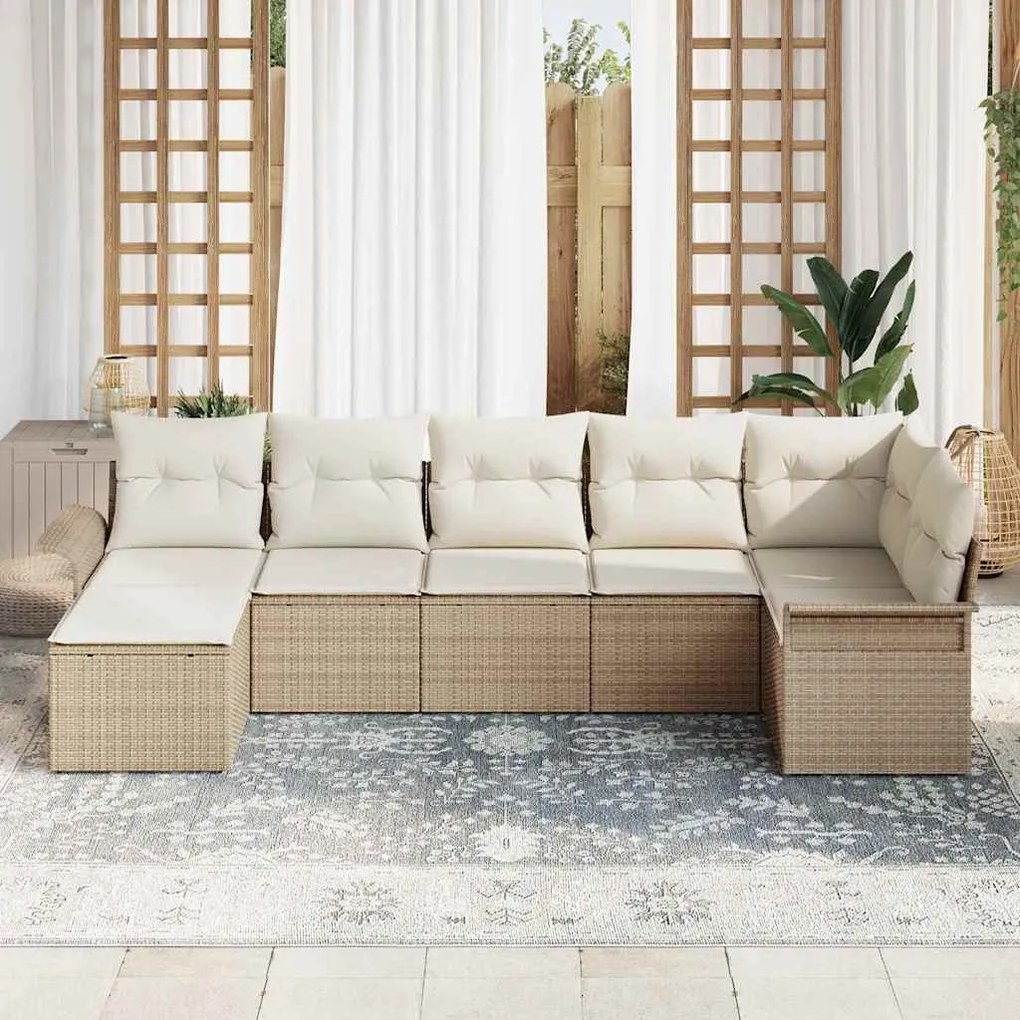 vidaXL Σετ Καναπέ Κήπου με μαξιλάρι 7 pcs Μπεζ Πολυ ράταν