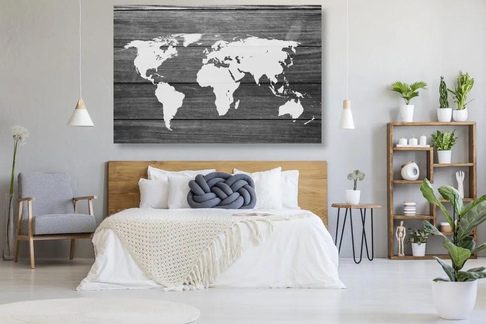 Εικόνα ενός ασπρόμαυρου παγκόσμιου χάρτη φελλού με ξύλινο φόντο - 90x60  wooden