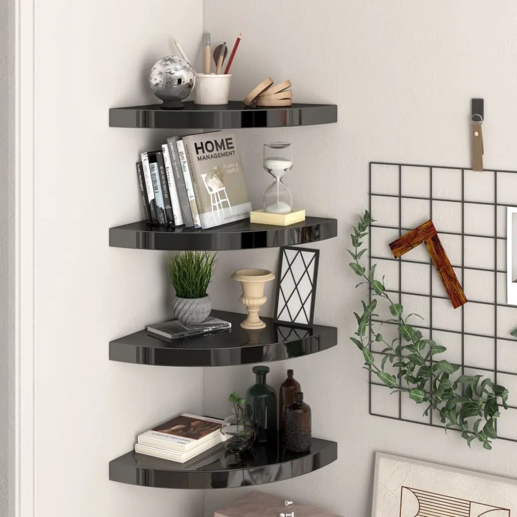 vidaXL 323912  Floating Corner Shelves 4 pcs High Gloss Black 35x35x3,8 cm MDF