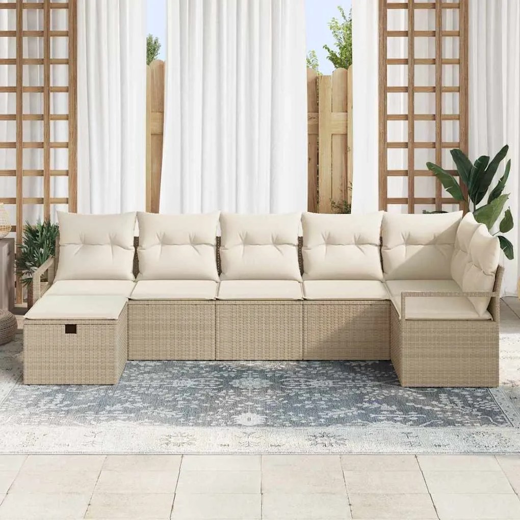 vidaXL Σετ Καναπέ Κήπου με μαξιλάρι 7 pcs Μπεζ Πολυ ράταν