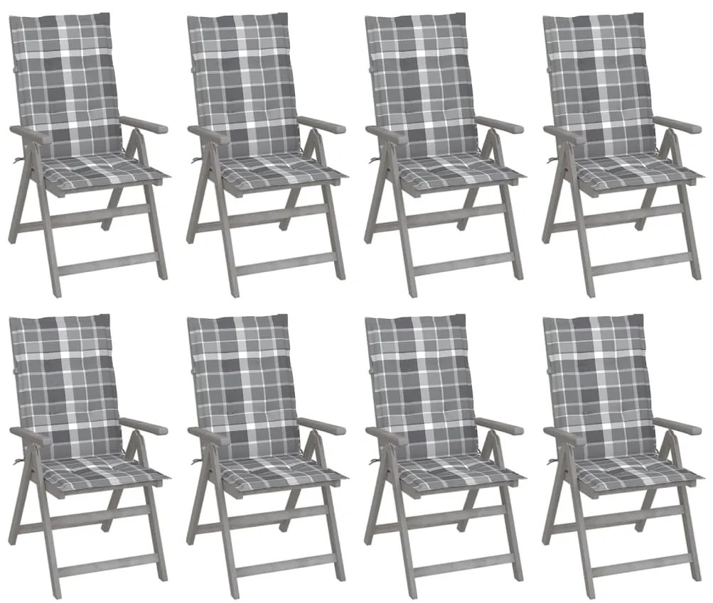 Καρέκλες Κήπου Ανακλιν. 8 τεμ. Γκρι Ξύλο Ακακίας με Μαξιλάρια