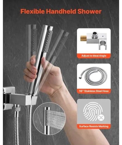 VEVOR Shower Faucet Set 10&quot; Square Rain Shower Head and Hand Set Silver Chrome