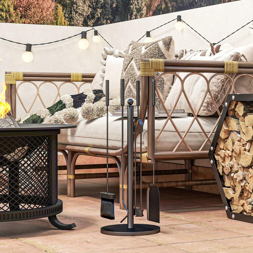 Outsunny Σετ εργαλείων τζακιού, 5 τεμαχίων, σκούπα, φτυάρι, τανάλια, εργαλείο για κάρβουνα και βάση, πυρίμαχο μέταλλο, Μαύρο