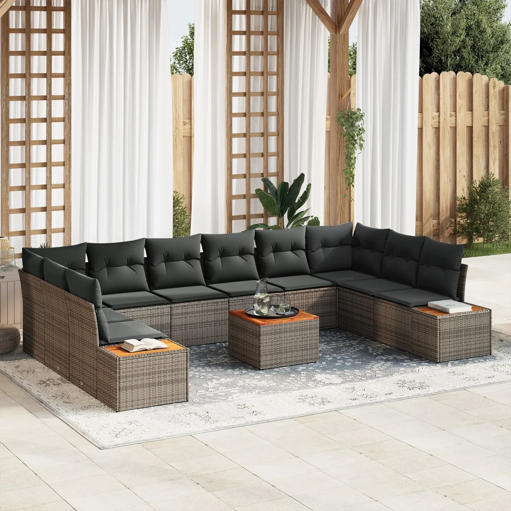 vidaXL Set καναπέ κήπου  με 11 κομμάτια και μαξιλάρια σε γκρι πολυ rattan.