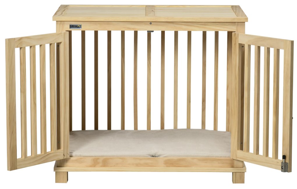 PawHut Κλουβί σκύλου με κλειδαριά και μαξιλάρι, 82,5 cm x 57 cm x 72 cm, φυσικό ξύλο + κρεμ λευκό