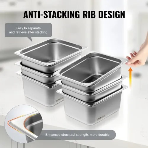 VEVOR 6 Pack 1/2 Size Hotel Pans Steam Table Pan Stainless Steel 6&quot; Deep